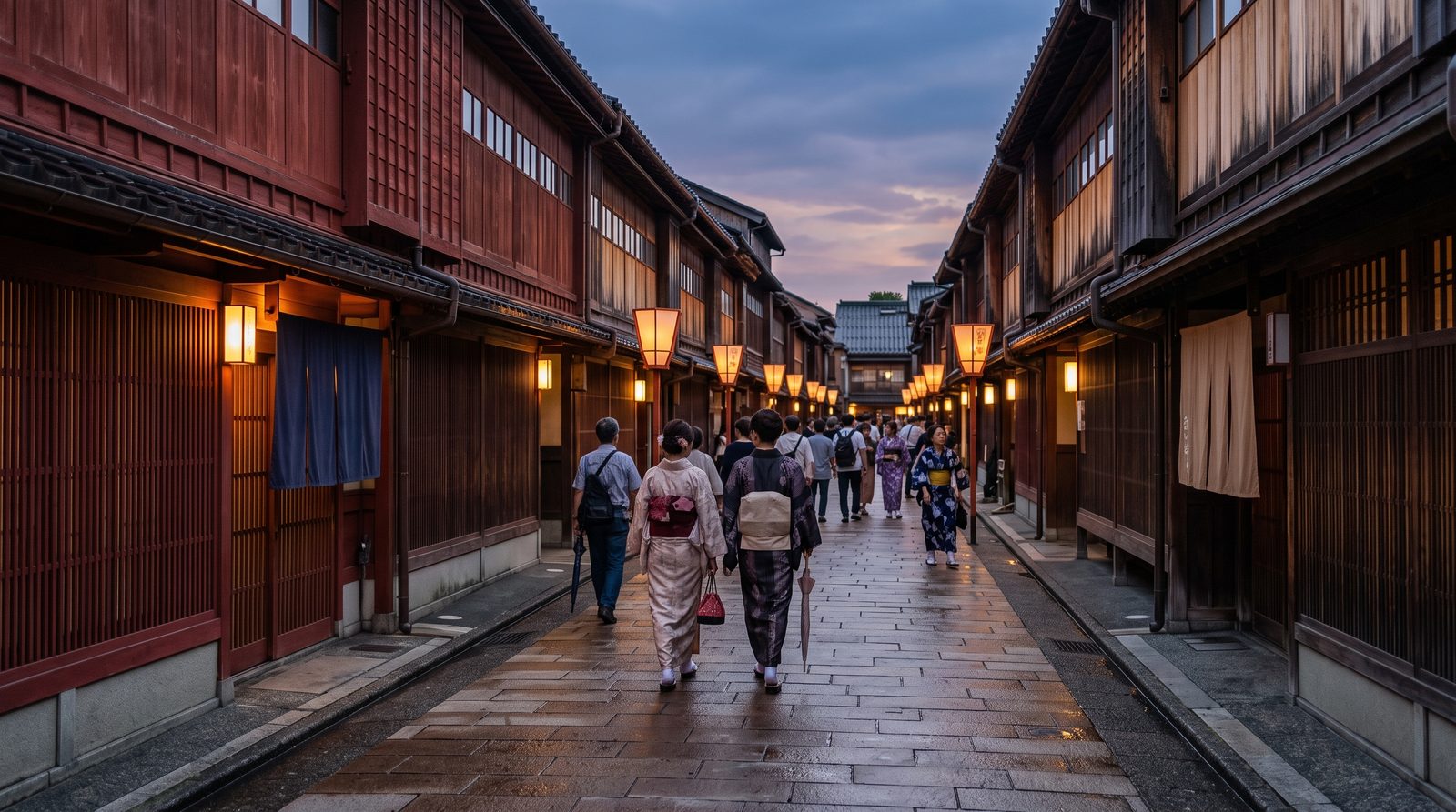 The Higashi Chaya district of Kanazawa, one star in the 2015 Michelin Green Guide — teahouses behind red lattice screens