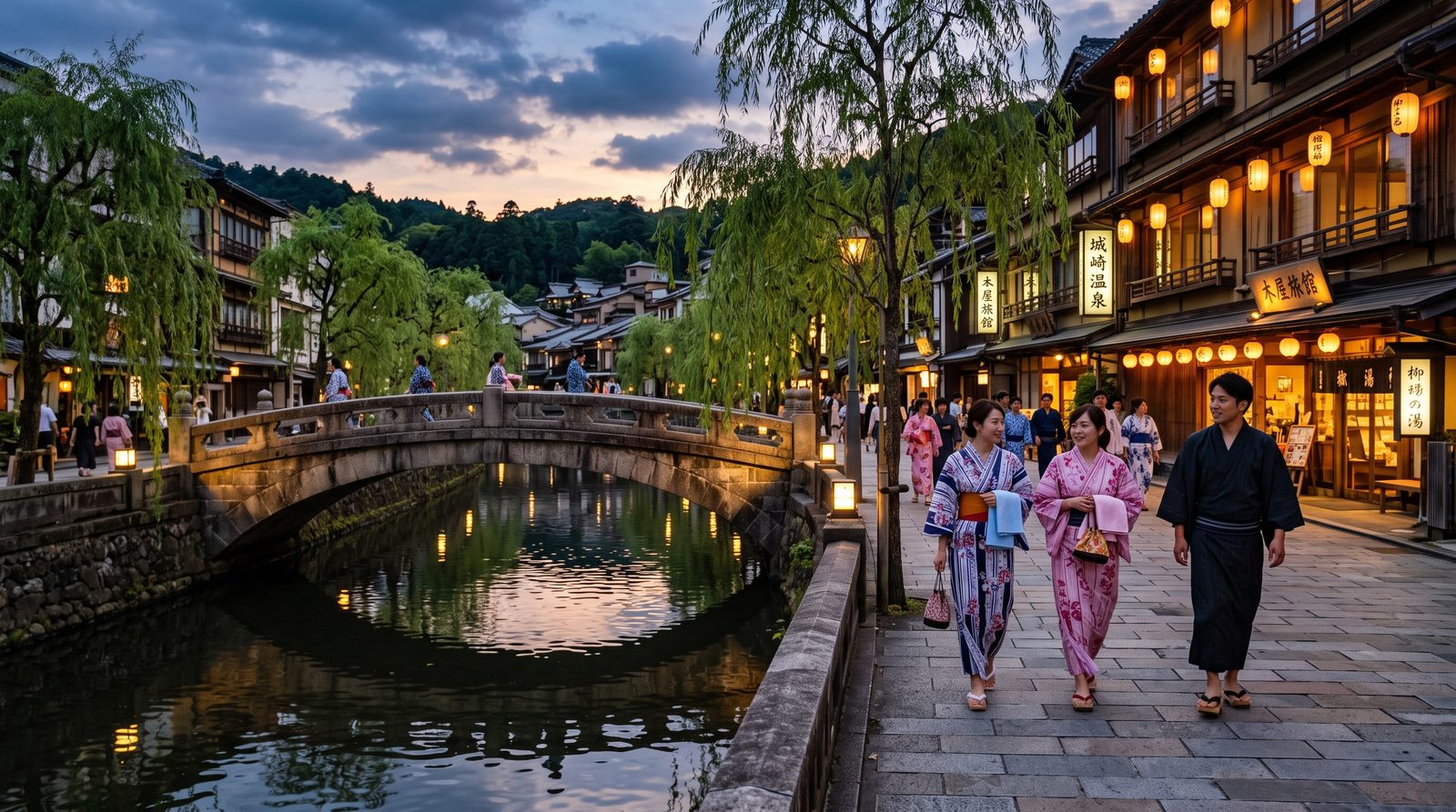 Kinosaki Onsen, two stars in the 2015 Michelin Green Guide — visitors in yukata along the willow-lined river at dusk