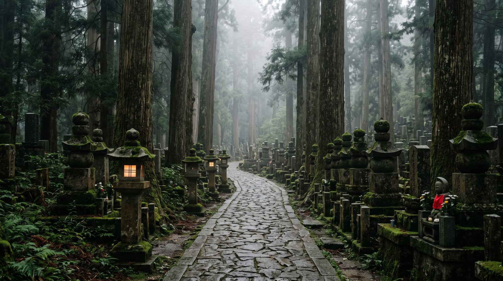 The Okunoin approach at Koyasan, two stars in the 2015 Michelin Green Guide — memorial stones among giant cedars