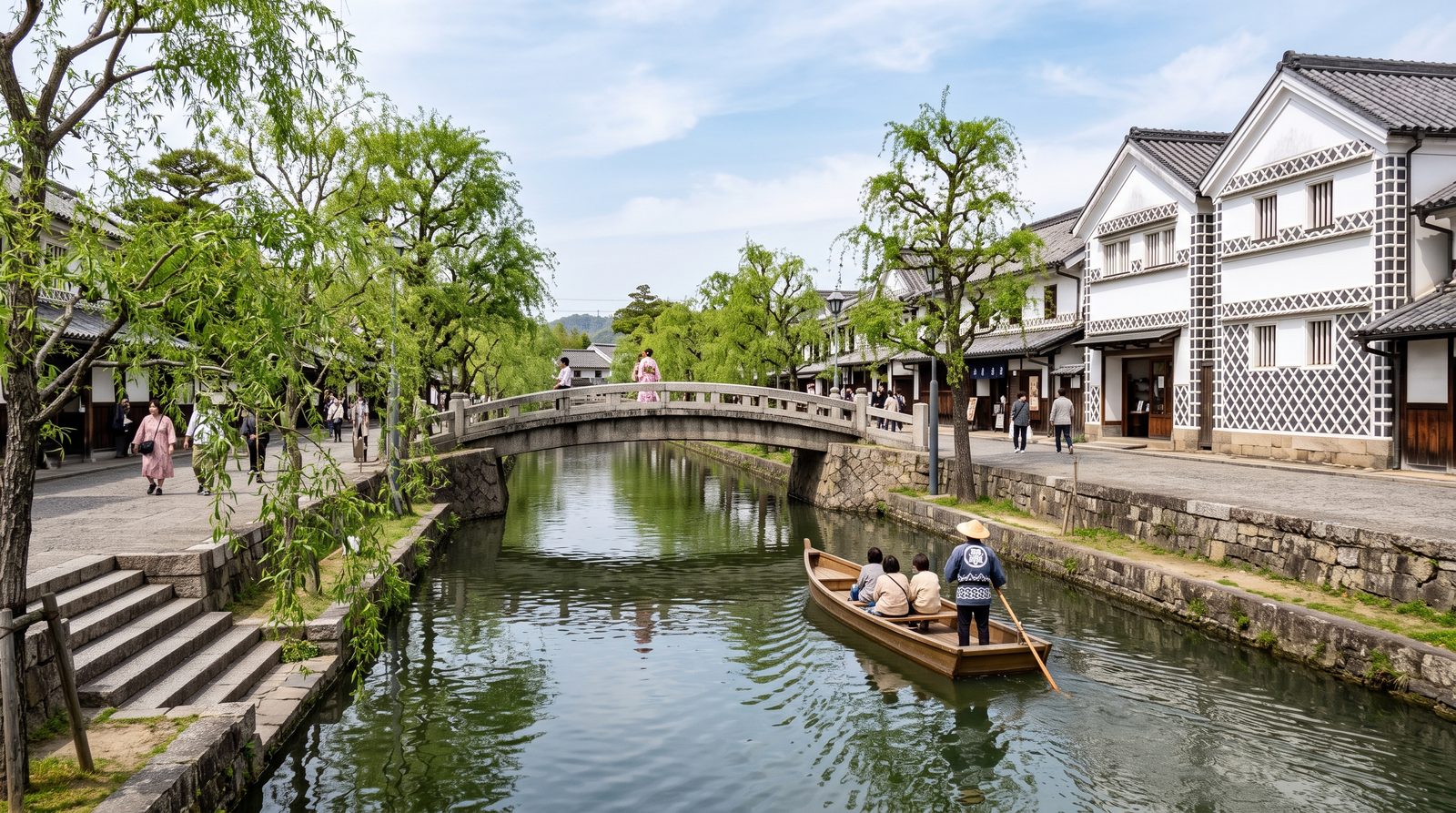 The Bikan quarter of Kurashiki, two stars in the 2015 Michelin Green Guide — willows and white-walled storehouses along the canal