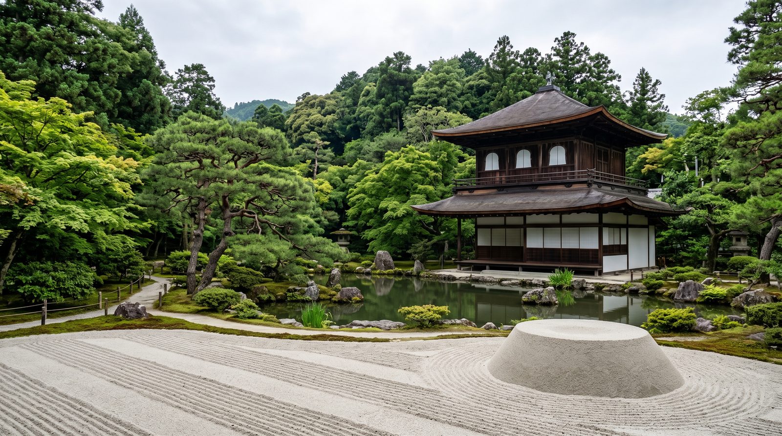 Ginkaku-ji, three stars in the 2015 Michelin Green Guide — the Kannon hall with the raked sand of Ginshadan and Kogetsudai (illustrative image)