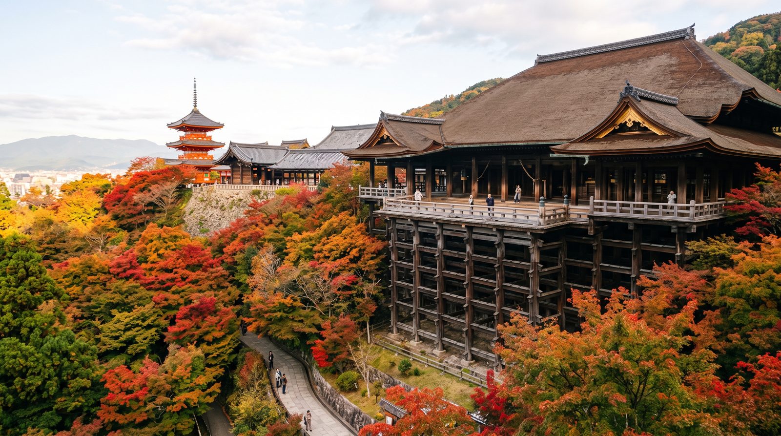 Kiyomizu-dera, three stars in the 2015 Michelin Green Guide — the main hall's veranda and the three-storey pagoda in autumn colour