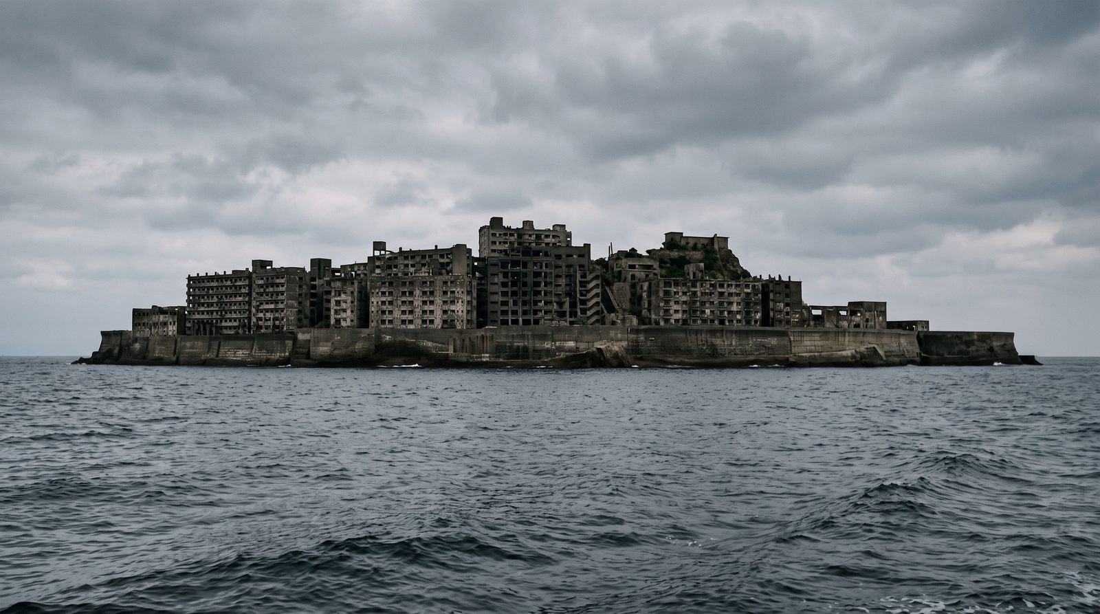 Gunkanjima (Hashima) off Nagasaki, two stars in the 2020 Michelin Green Guide — sea walls and abandoned apartment blocks seen from the water