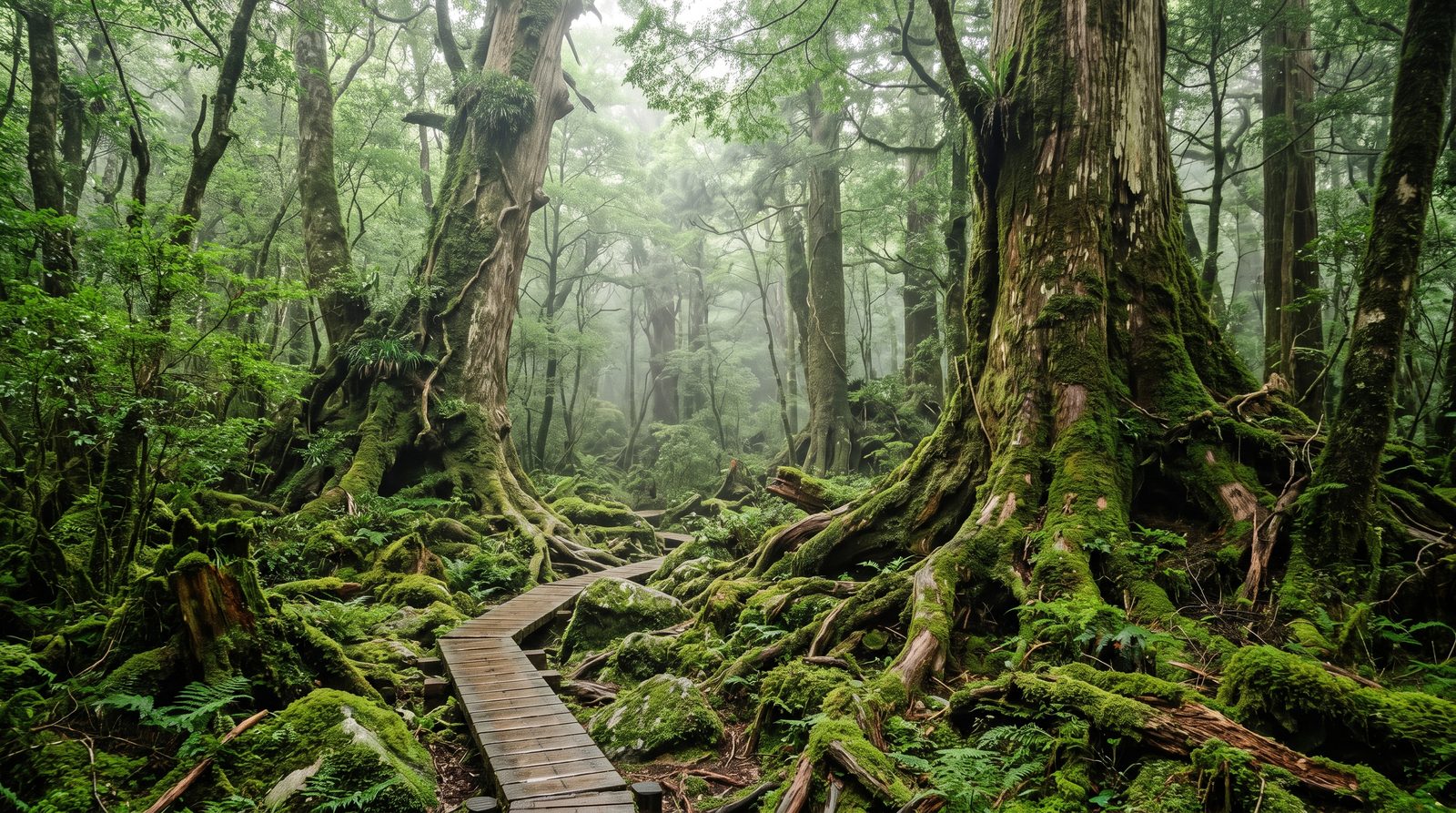 Yakushima, three stars in the 2015 Michelin Green Guide — moss-covered ancient cedar forest and a boardwalk (illustrative image)