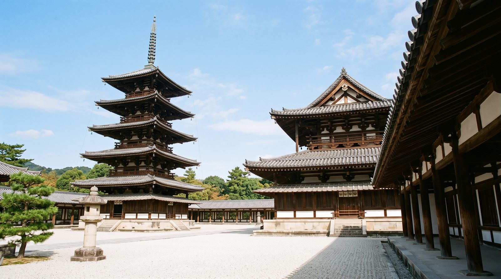 Horyu-ji, three stars in the 2015 Michelin Green Guide — the five-storey pagoda and the Kondo (illustrative image)