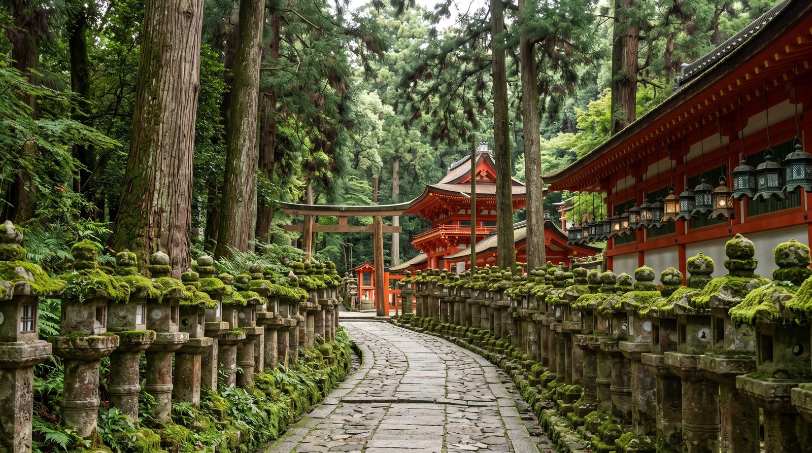 Kasuga Taisha, two stars in the 2015 Michelin Green Guide — mossy stone lanterns along the approach to the vermilion halls (illustrative image)