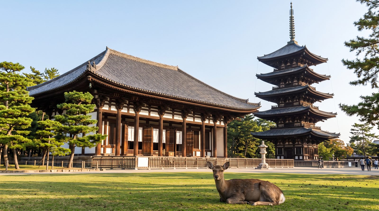 Kofuku-ji, two stars in the 2015 Michelin Green Guide — the eastern golden hall and five-storey pagoda with deer on the grass (illustrative image)