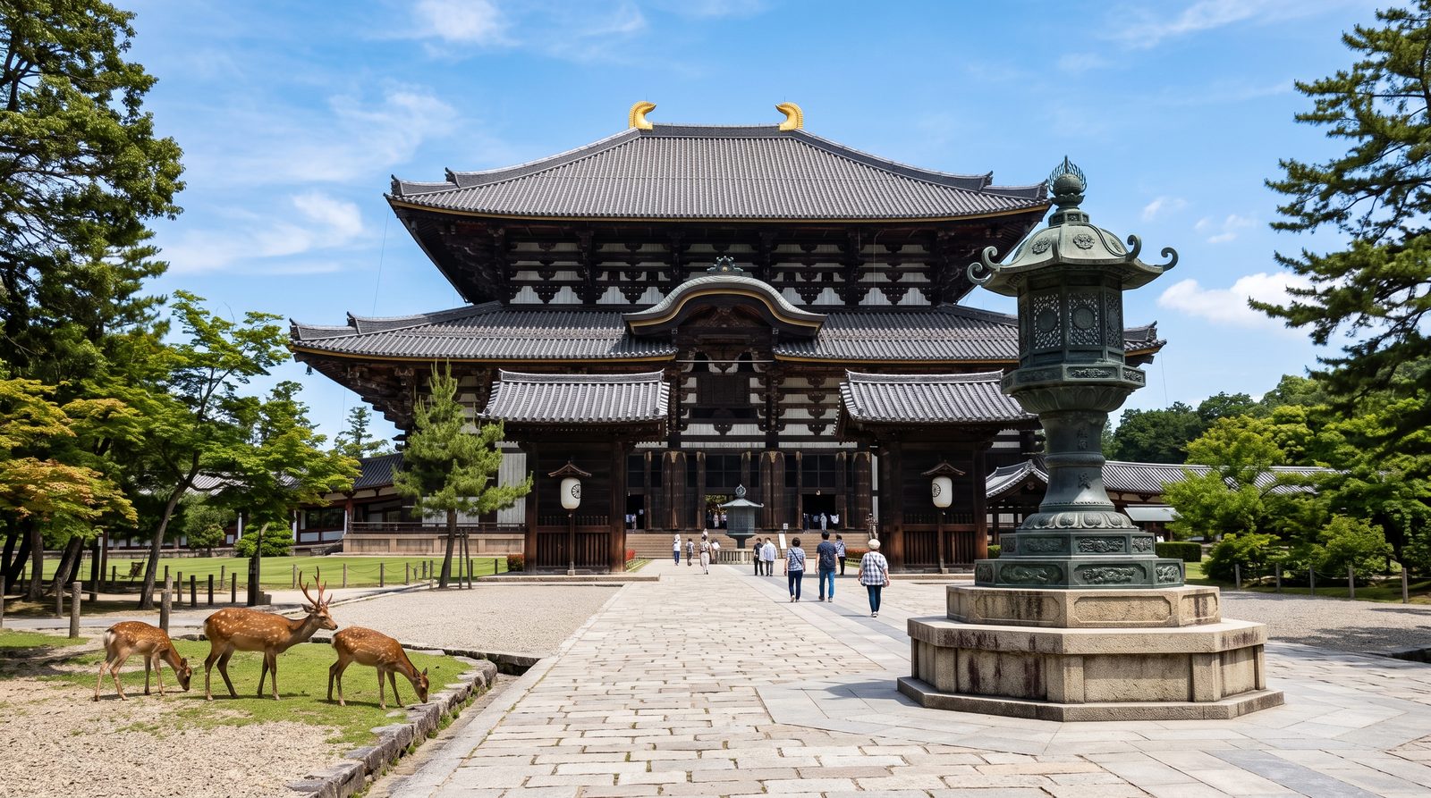 Todai-ji, three stars in the 2015 Michelin Green Guide — the Great Buddha Hall and the lanterns along its approach