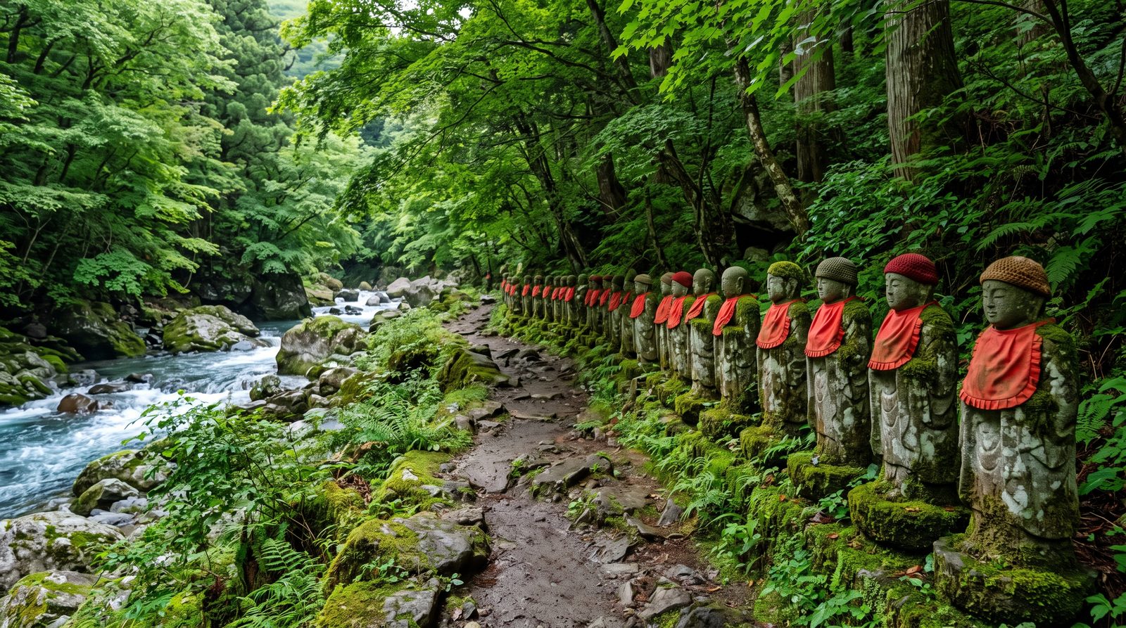 Kanmangafuchi, two stars in the 2015 Michelin Green Guide — the row of jizo statues along the Daiya River