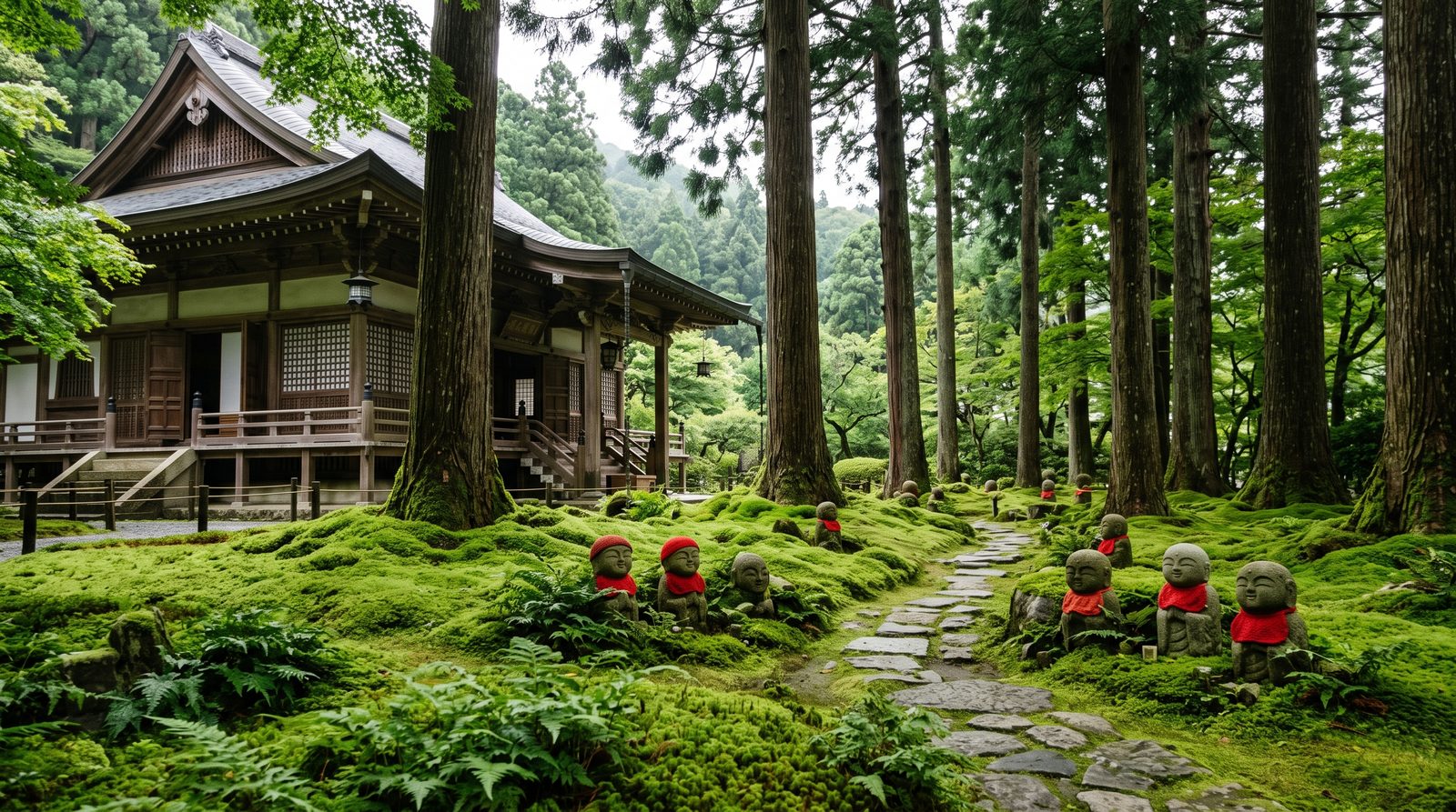 Sanzen-in at Ohara, one star in the 2015 Michelin Green Guide — small jizo figures in the moss garden under cedars (illustrative image)