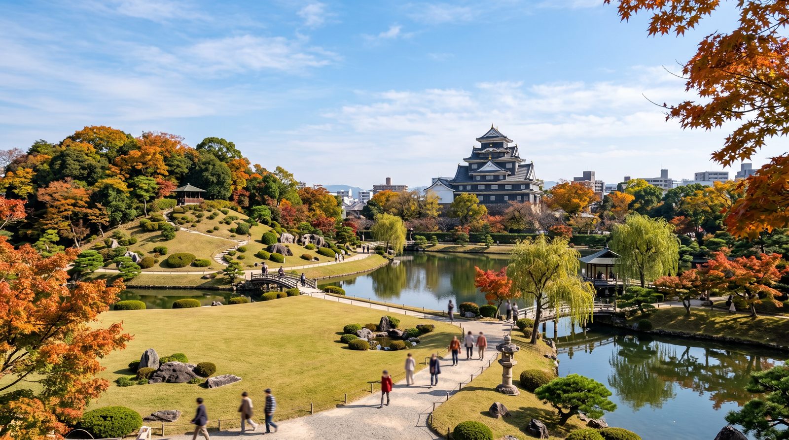 Koraku-en in Okayama, three stars in the 2015 Michelin Green Guide — lawns and ponds with the castle beyond