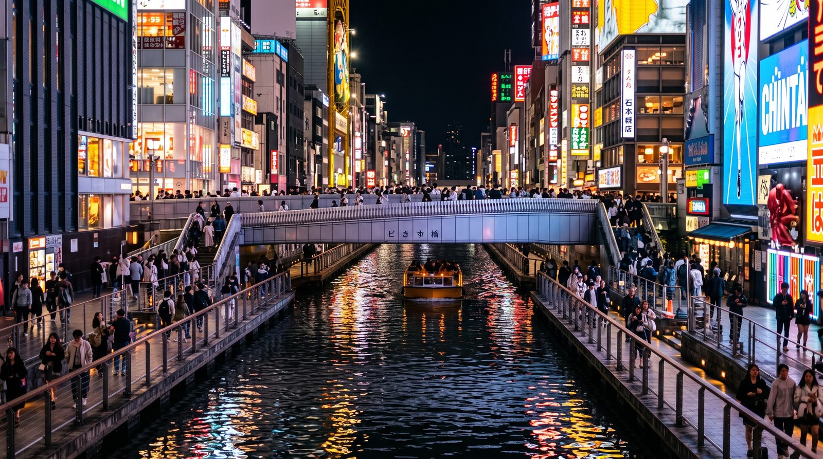 Dotonbori, two stars in the 2015 Michelin Green Guide — neon signs along the canal at night