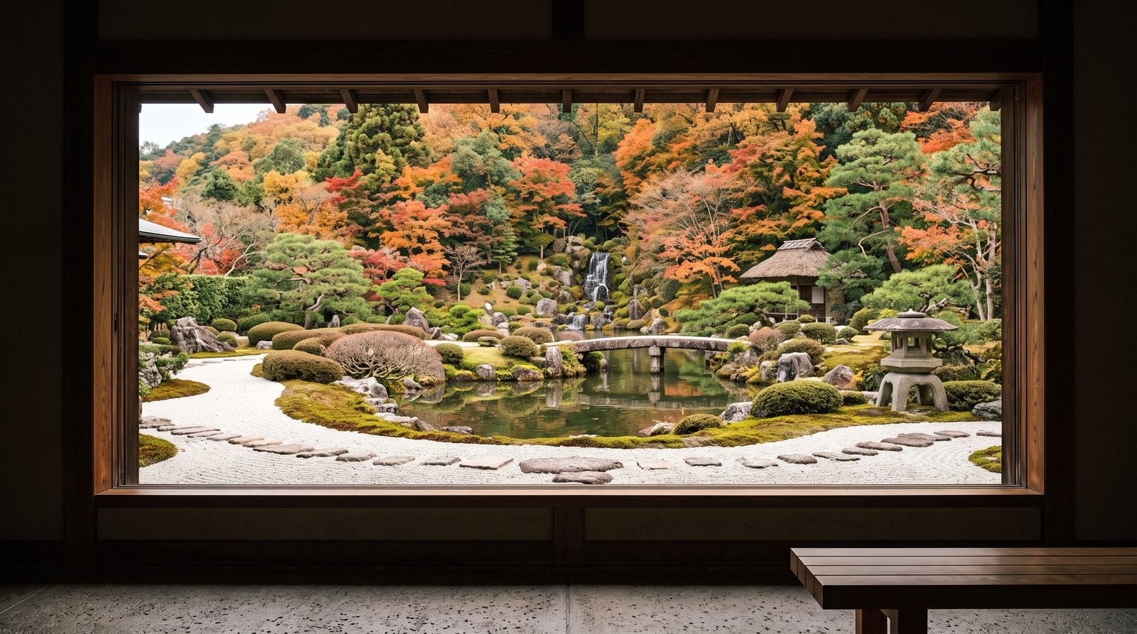 The garden of the Adachi Museum of Art, three stars in the 2015 Michelin Green Guide — dry landscape and autumn colour framed by a window (illustrative image)