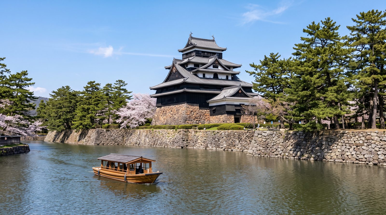 Matsue Castle, one star in the 2015 Michelin Green Guide — the black keep above the moat with a sightseeing boat (illustrative image)