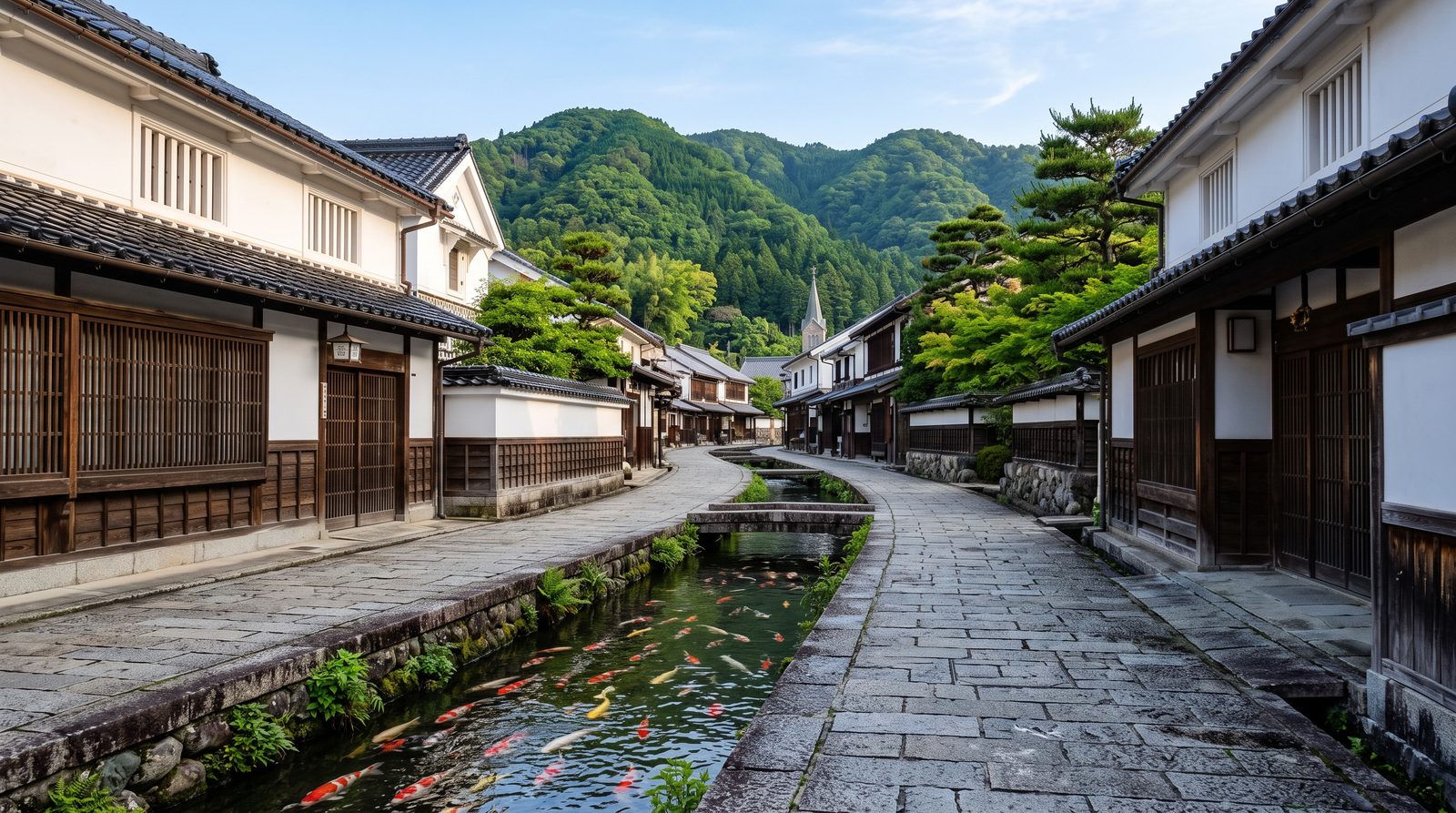 Tsuwano, one star in the 2015 Michelin Green Guide — carp swimming in the canals below white-walled houses (illustrative image)