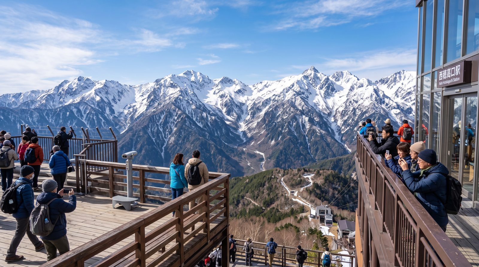 The Shinhotaka Ropeway, two stars in the 2015 Michelin Green Guide — the cable car rising towards the Northern Alps