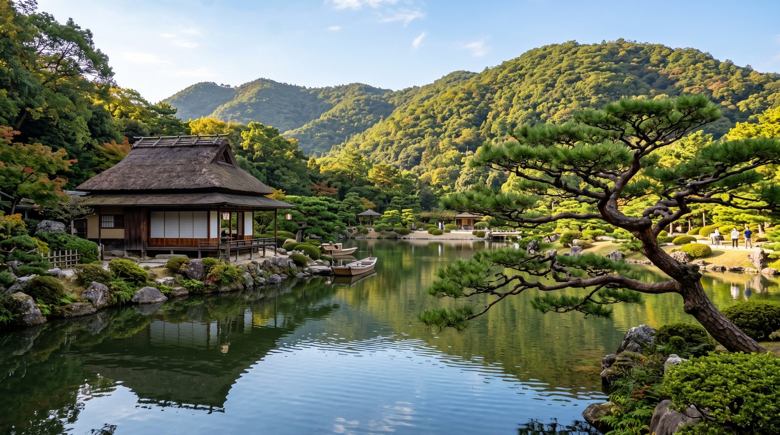 Ritsurin Garden in Takamatsu, three stars in the 2015 Michelin Green Guide — pines and ponds below Mt. Shiun
