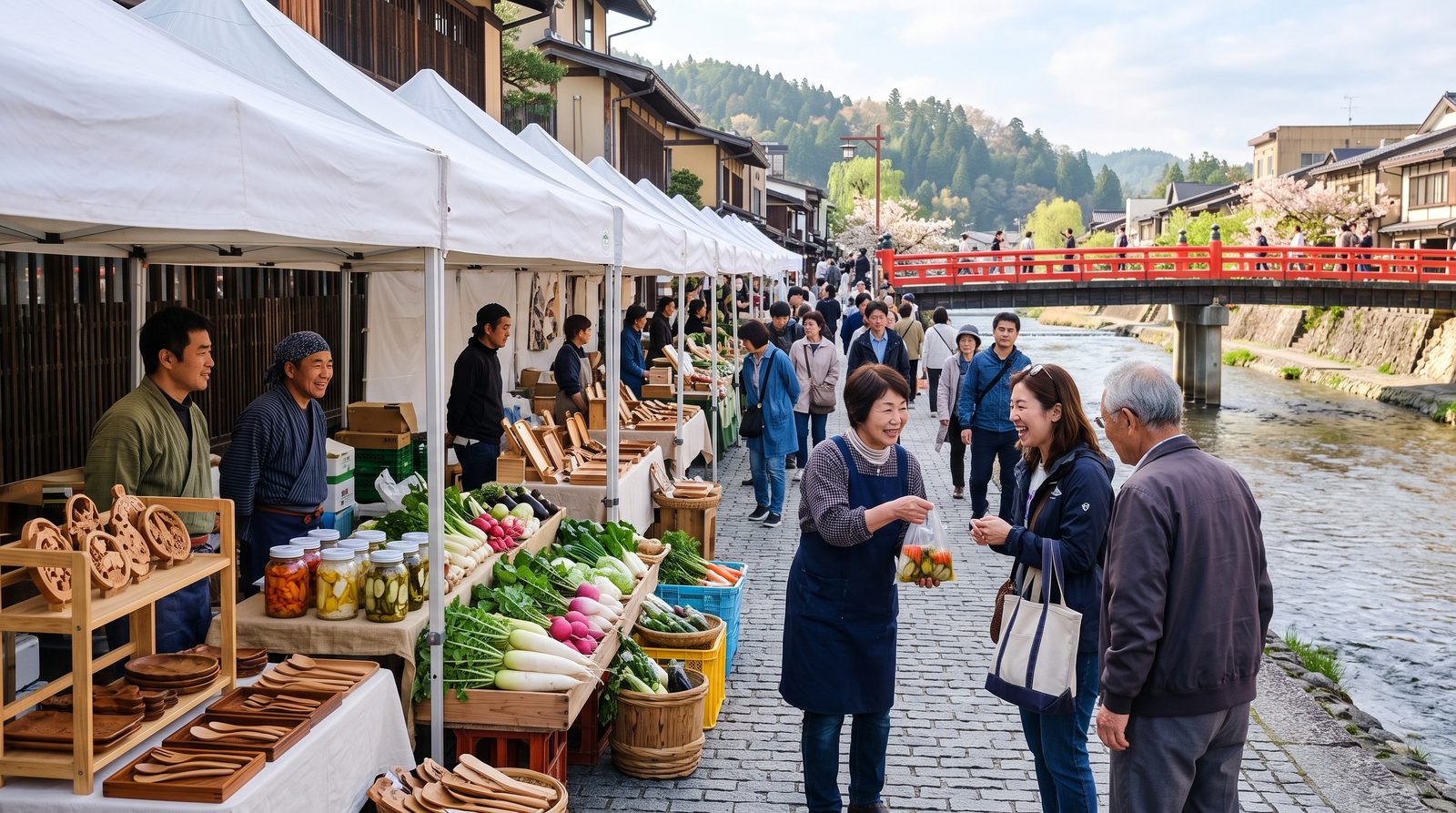 The Miyagawa morning market in Takayama — riverside stalls in the old town