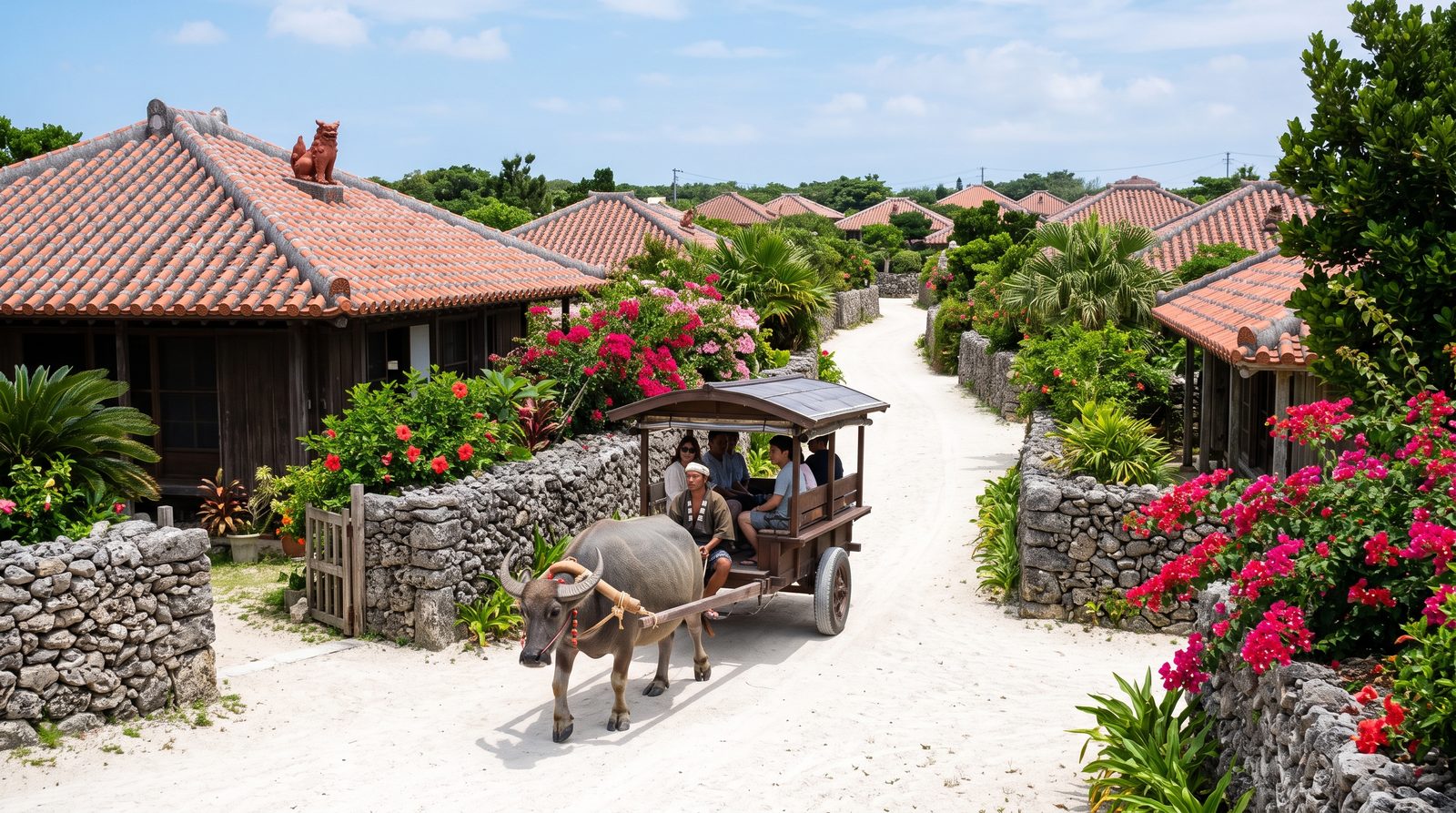 The village on Taketomi, two stars in the 2015 Michelin Green Guide — red-tiled roofs, coral walls and white sand lanes