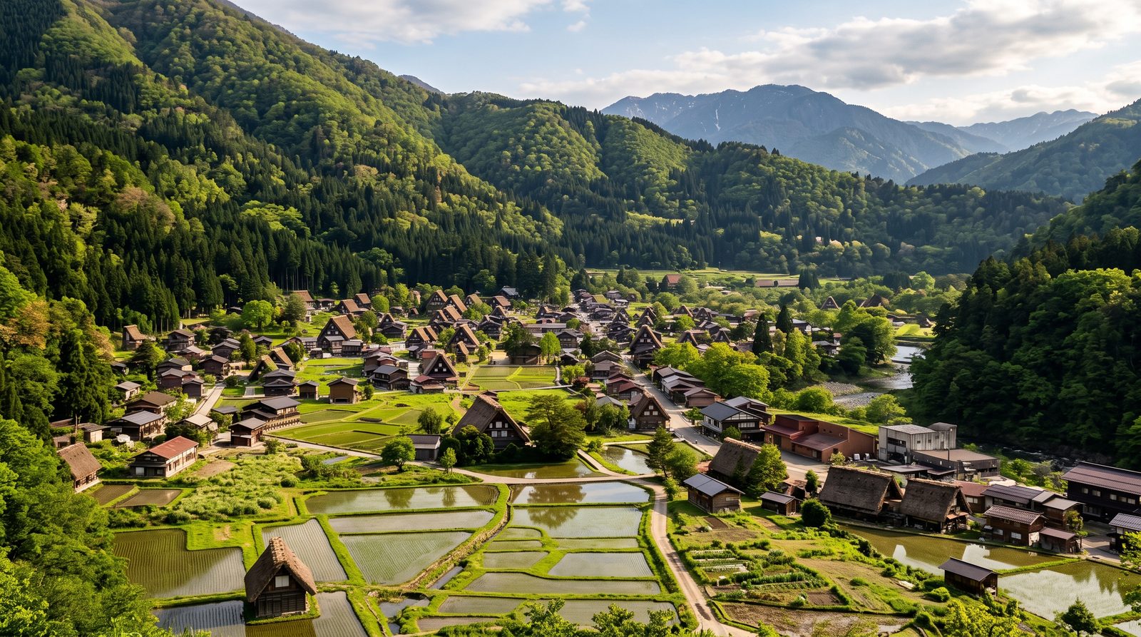 Gokayama, three stars in the 2015 Michelin Green Guide — the gassho-style village of Ainokura among terraced fields and cedar slopes (illustrative image)