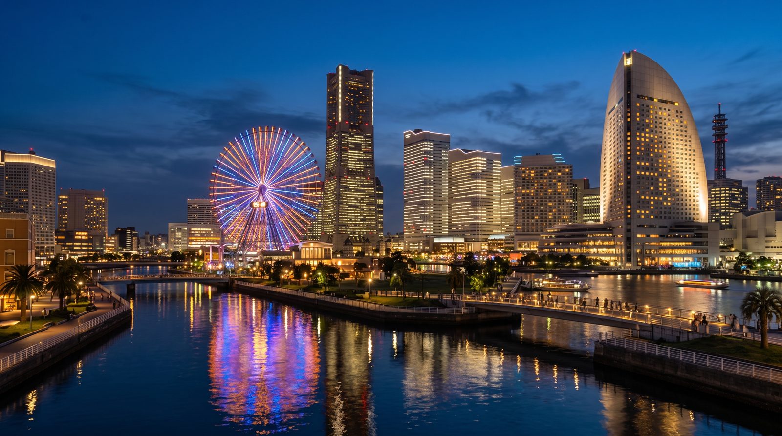 Minato Mirai 21, two stars in the 2015 Michelin Green Guide — the Yokohama night skyline reflected in the harbour