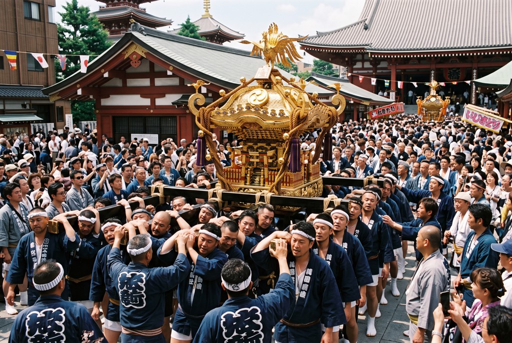 Men in happi coats carrying a golden mikoshi at Sanja Matsuri in Asakusa